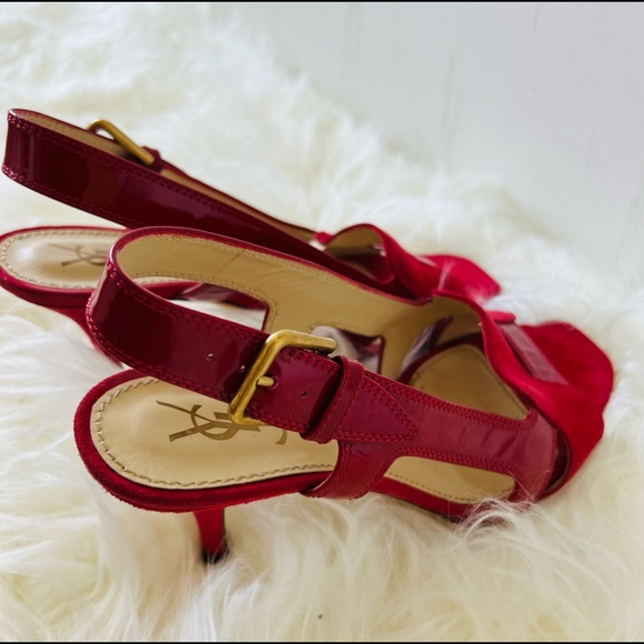 RED YSL Patten Leather & Suede mix high heels sandals. Open Toe, Slingback - Picture 11 of 16